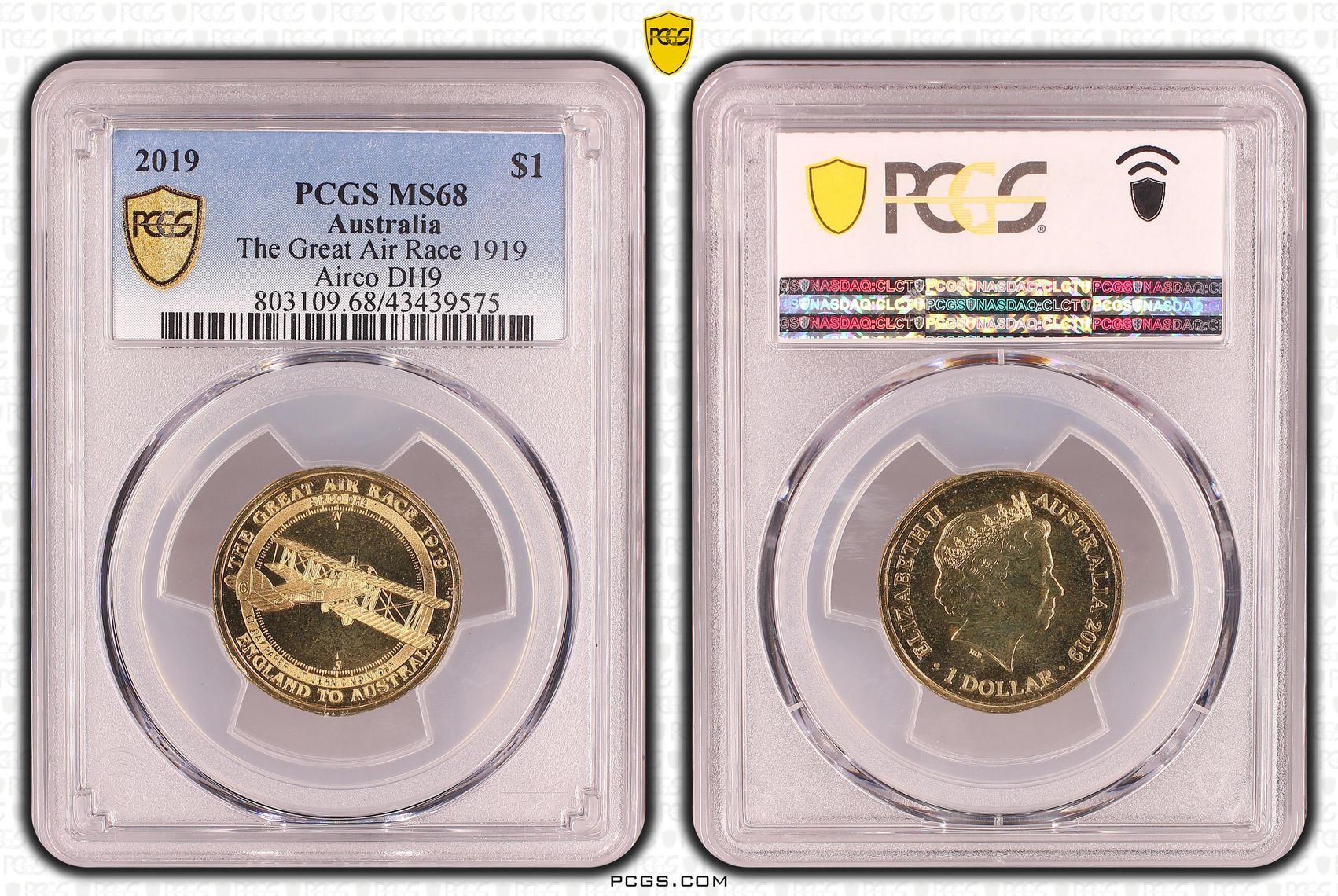 Elizabeth II, The Great Air Race 1919 Airco DH9, One Dollar, MS68 , 2019 PCGS POP - 5/0