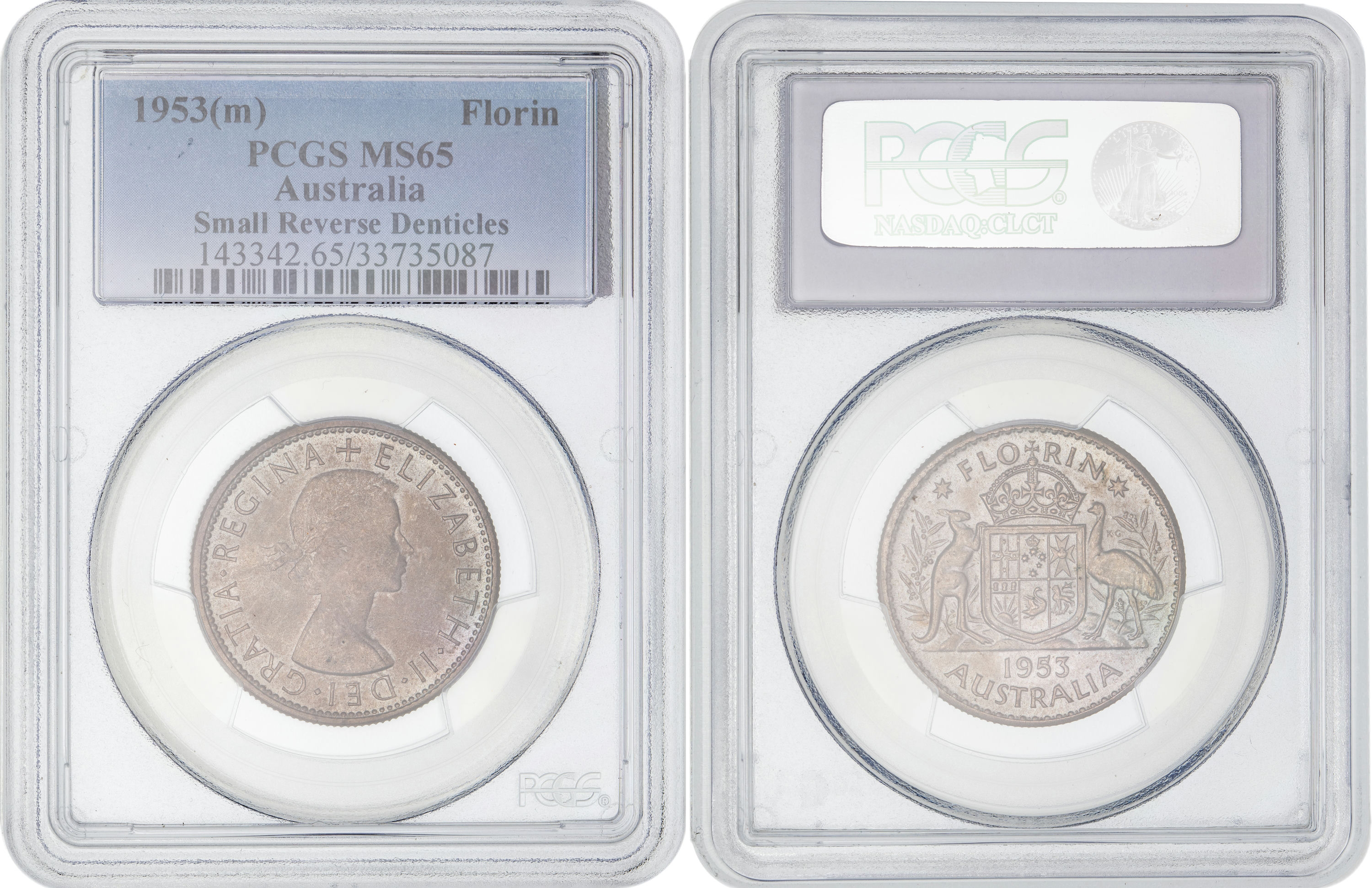 Elizabeth II, Small Reverse Denticles, Florin, 1953, PCGS MS65