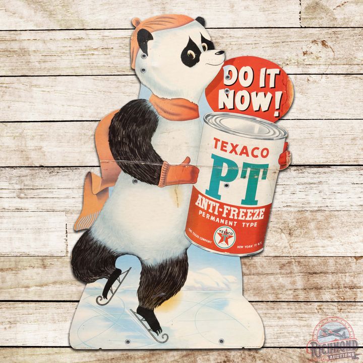 1953 Texaco PT Anti-Freeze Die Cut Cardboard Sign w/ Skating Panda