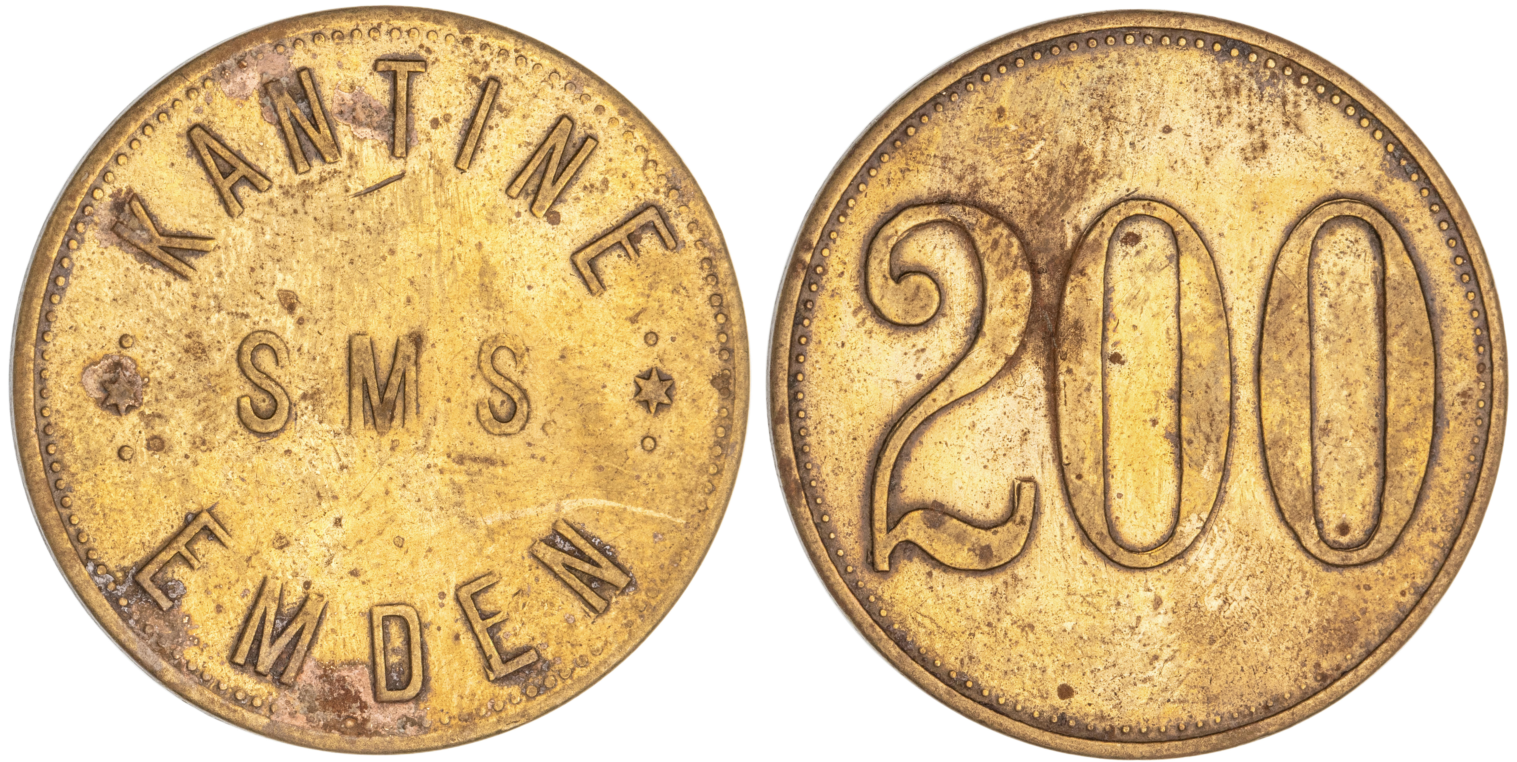 SS. EMDEN, Canteen Token, 200 Pfennigs, 1914, gFine