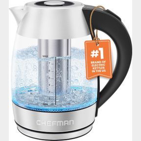 CHEFMAN ELECTRIC GLASS KETTLE, FAST BOILING W/ LED LIGHTS, AUTO SHUTOFF & BOIL DRY PROTECTION, CORDLESS POURING, BPA FREE, REMOVAB