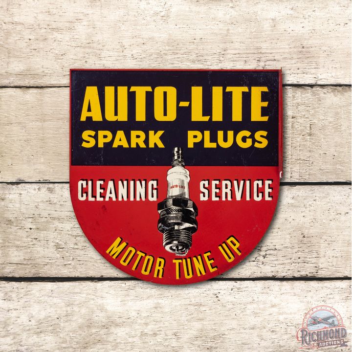 11" Auto-Lite Spark Plugs Cleaning Service Motor Tune Up Metal Flange Sign TAC 8.25 & 7