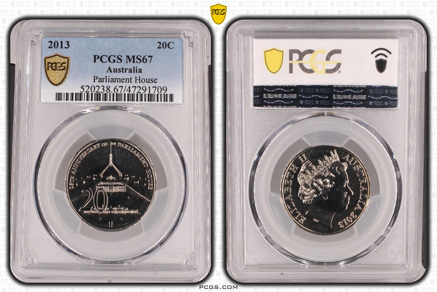 Elizabeth II, Parliament House , Twenty Cent, 2013, PCGS MS67