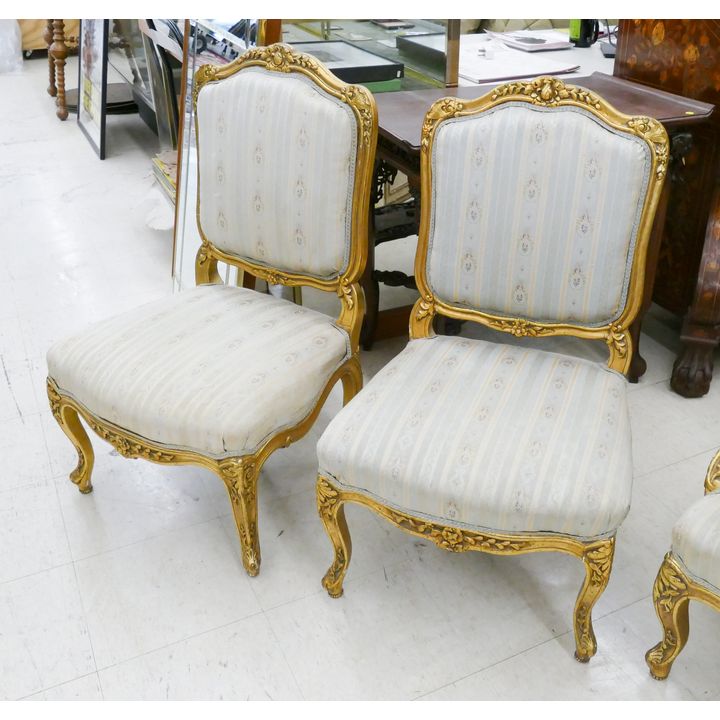 Pair French Gilt Carved Silk Covered Side Chairs- 35x19x20''