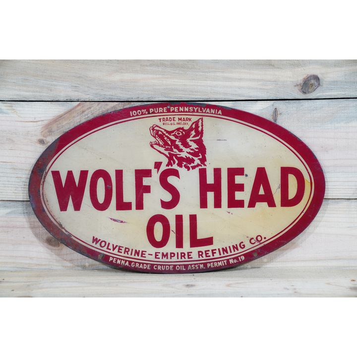 Wolf's Head Oil w/ Logo Double Sided Tin Oval Metal Sign TAC 7.5 & 5