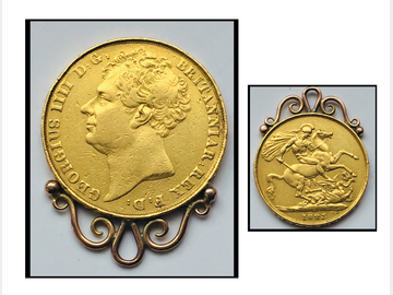 1823 King George IV Gold Two Pound Coin on Mount.