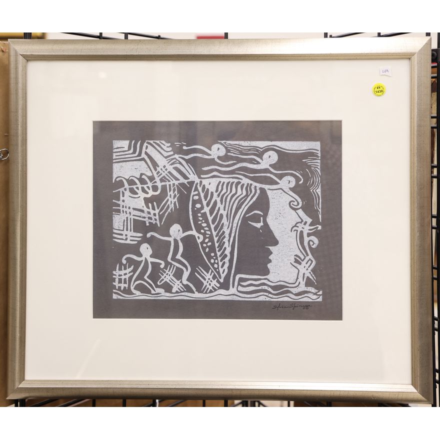 Sylvia Spicuzza ''Woman Dreaming'' Linocut Framed 21''x24.5''