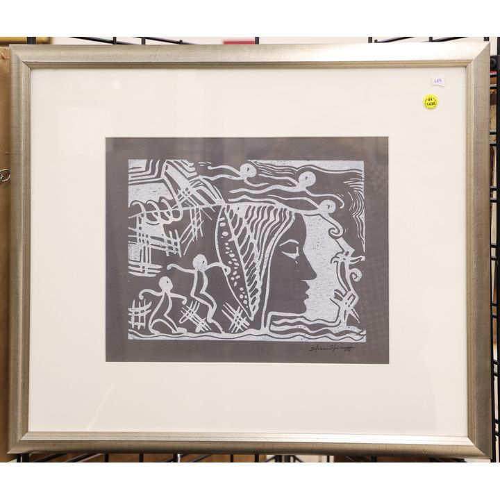 Sylvia Spicuzza ''Woman Dreaming'' Linocut Framed 21''x24.5''