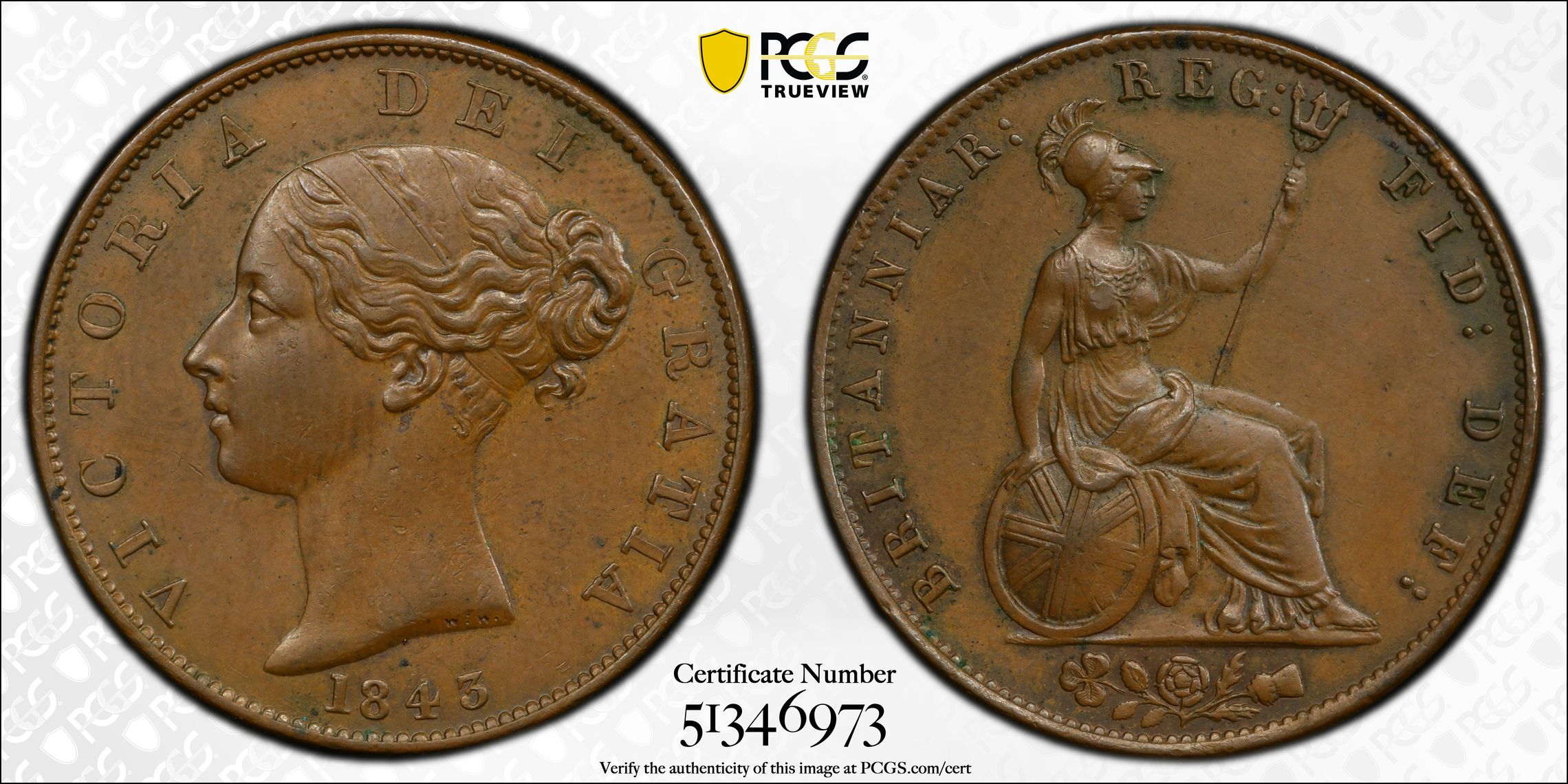 Great Britain, Victoria, S-3949, Halfpenny, 1843, PCGS AU58BN