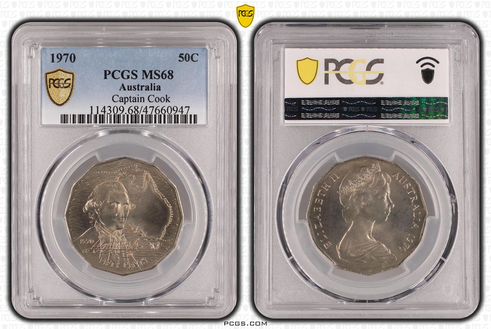 131 · Elizabeth II, Captain Cook, Fifty Cent, 1970, PCGS MS68