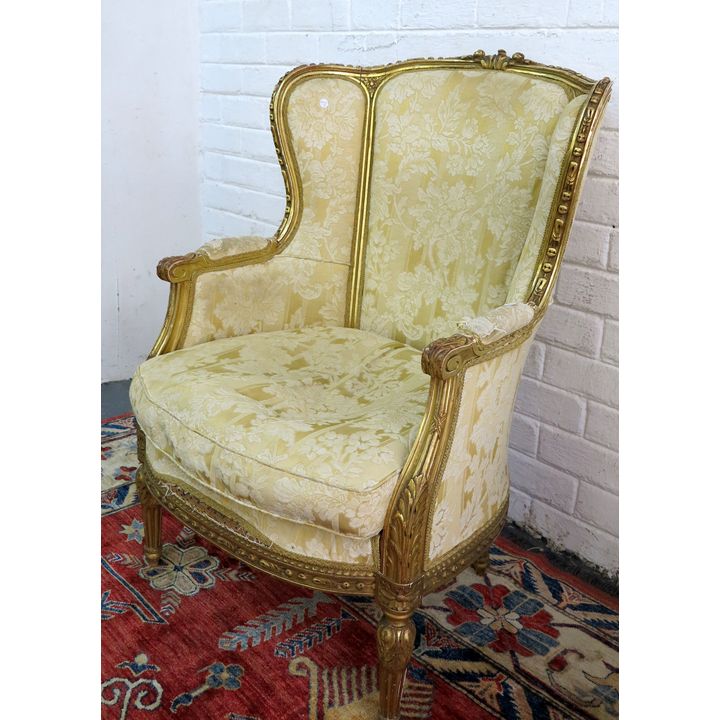 19TH CENTURY UPHOLSTERED GILTWOOD ARMCHAIR,