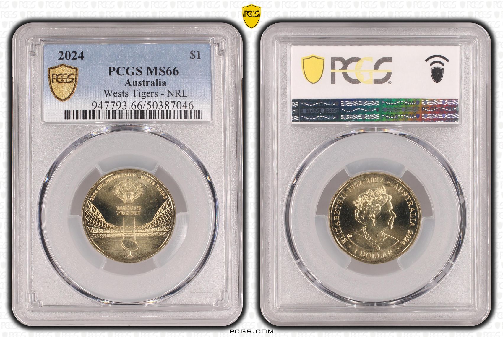 379 · Elizabeth II, Wests Tigers - NRL , One Dollar, 2024, PCGS MS66