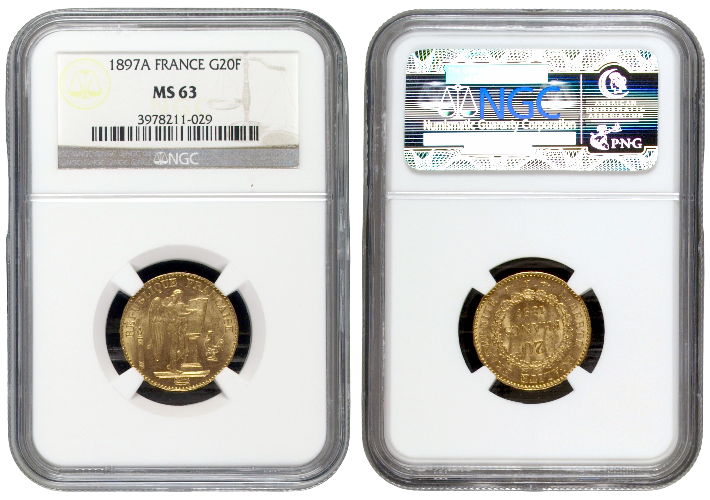 France, Third Republic, Twenty Francs, 1897-A, NGC MS63