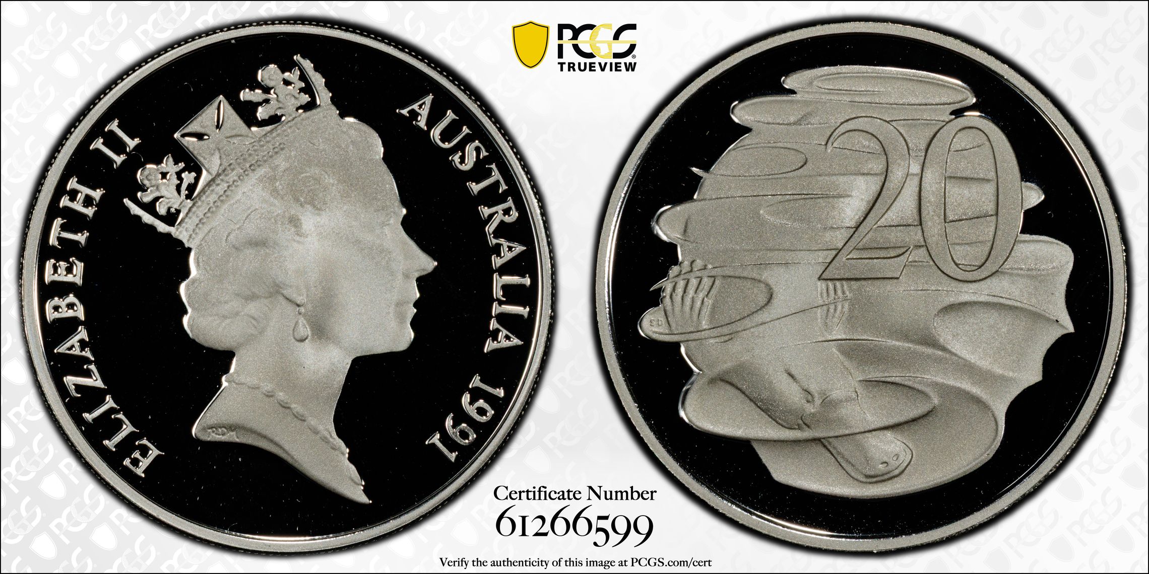 Silver, Twenty Cent, 1991, PCGS PR69DCAM