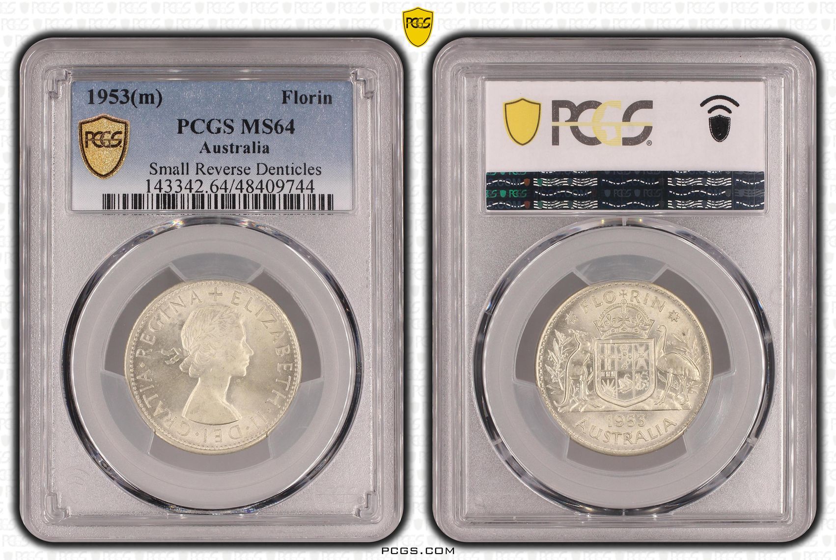 Elizabeth II, Small Reverse Denticles, Florin, 1953(m), PCGS MS64