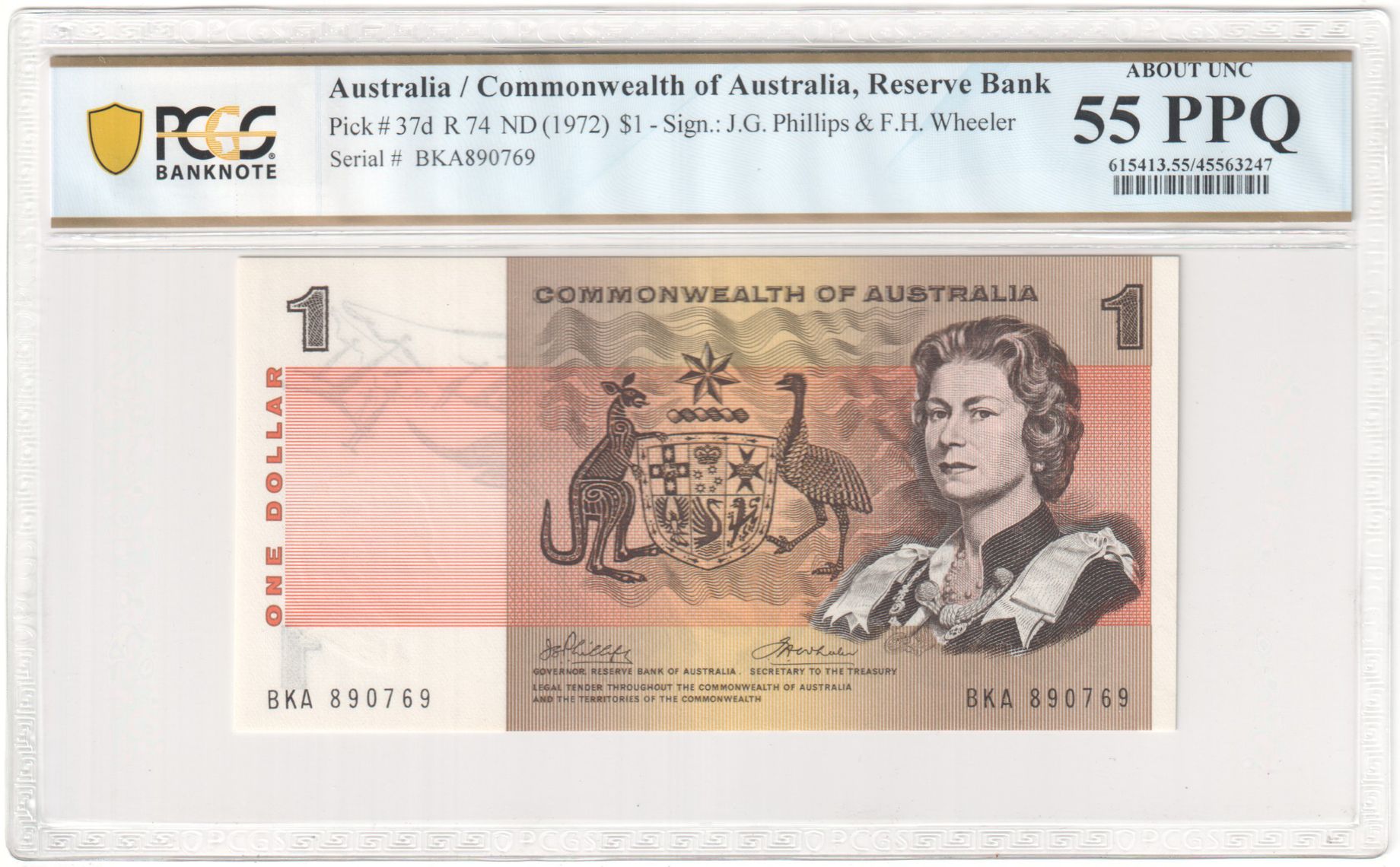 R. 74, Commonwealth of Australia, Reserve Bank, Sign.: J.G. Phillips & F.H. Wheeler, One Dollar, ND (1972), PCGS - About UNC 55 PPQ