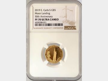 2019 EAST CARIBEAN 5 DOLLAR MOON LANDING 50th ANNIVERSARY GOLD COIN PF70 ULTRA CAMEO