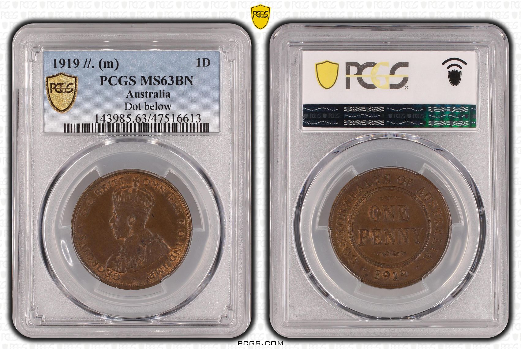 One Penny, 1919, Dot below, PCGS MS 63BN