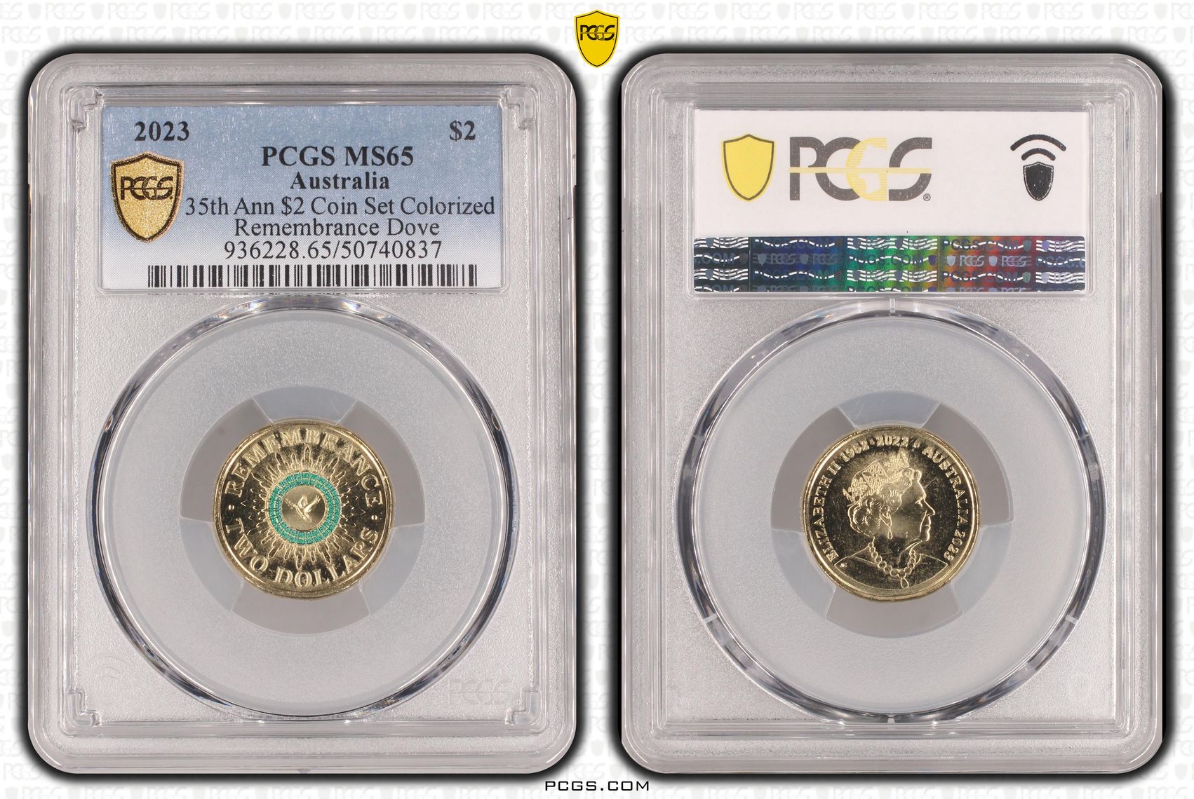 35th Ann $2 Coin Set Colorized Remembrance Dove , Two Dollar, 2023, PCGS MS65