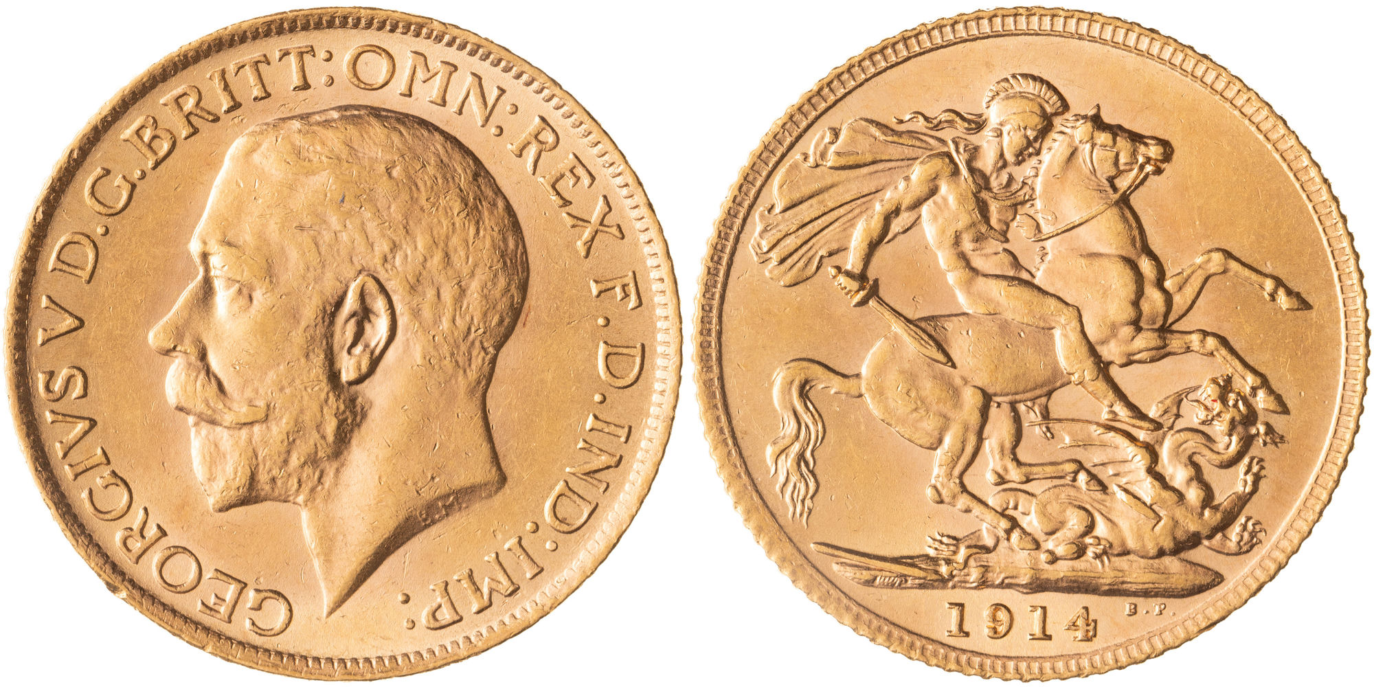 Great Britain, George V, Bare Head - St George & Dragon, Sovereign, 1914, EF
