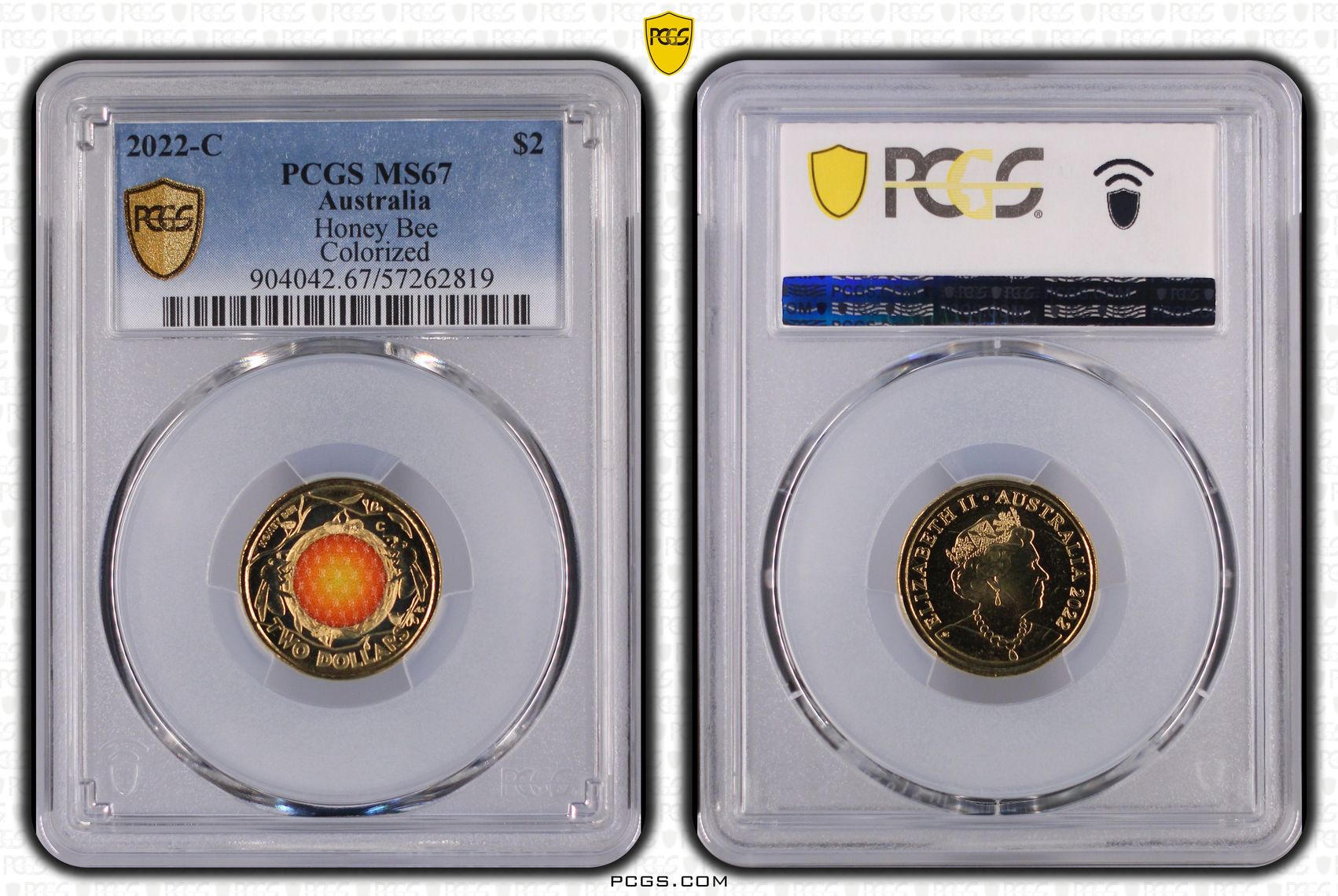 Honey Bee Colourised, Two Dollar, 2022-C, PCGS MS67