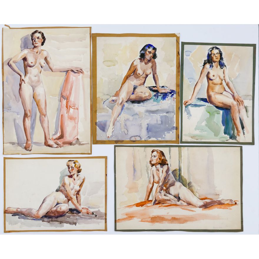 5pc Harry Bonath 1930's Female Nude Watercolors on Paper - Largest 19''x13.25''