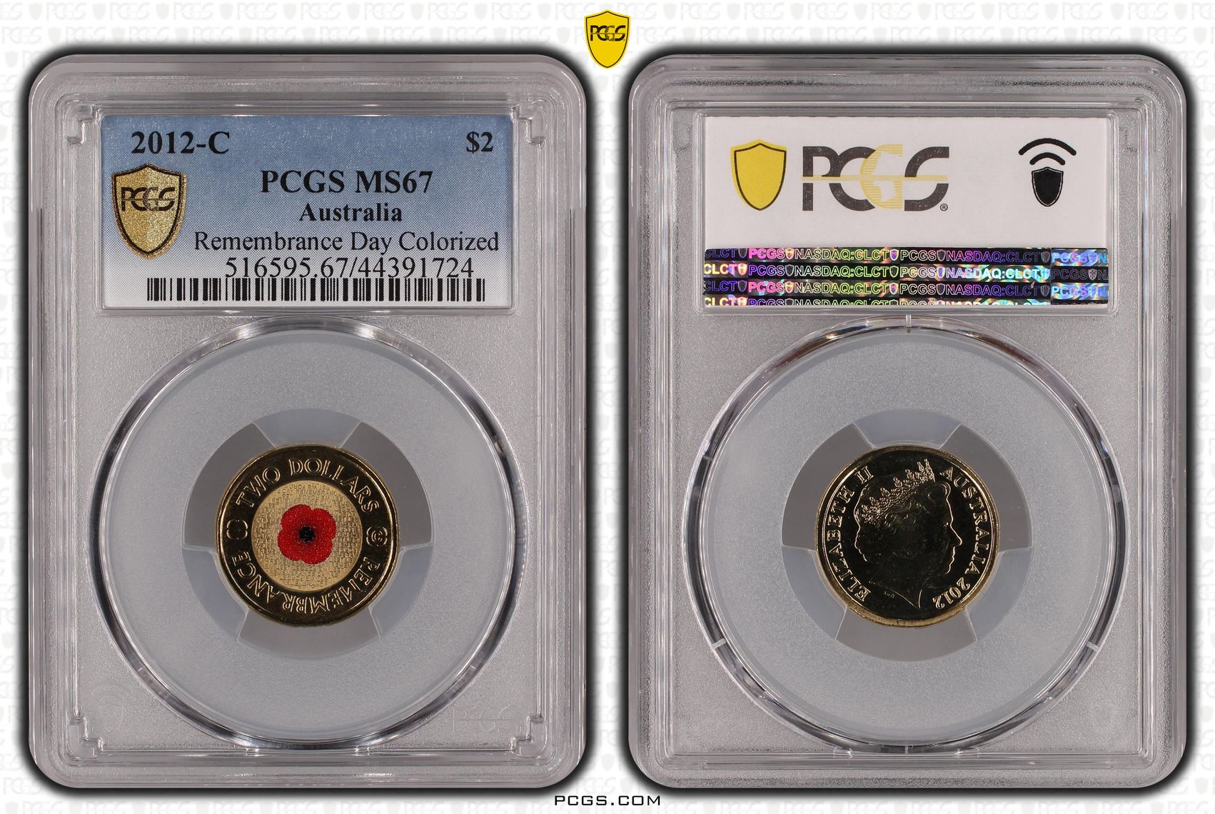 2012-C Australian Two Dollar, $2 Remembrance Day Colored PCGS - MS67 -724