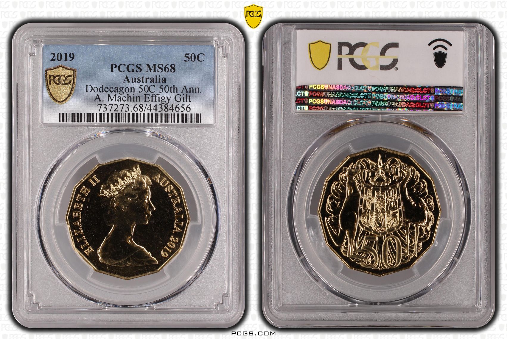 Dodecagon 50C 50th Ann. A. Machin Effigy Gilt, Fifty Cent, 2019, PCGS MS68