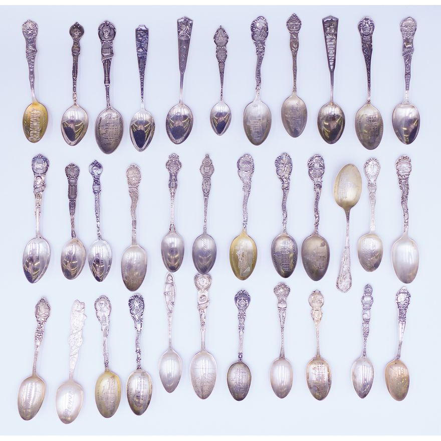 Tray 34pc Ornate Antique Sterling Souvenir Spoons - 679 Grams TW