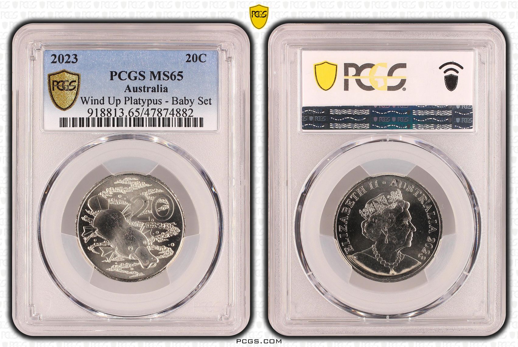 Elizabeth II, Wind Up Platypus - Baby Set, Twenty Cent, 2023, PCGS MS65