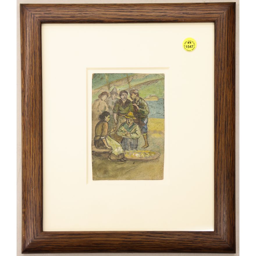 Antique Spanish Oyster Shucker Small Painting Framed 14''x12''