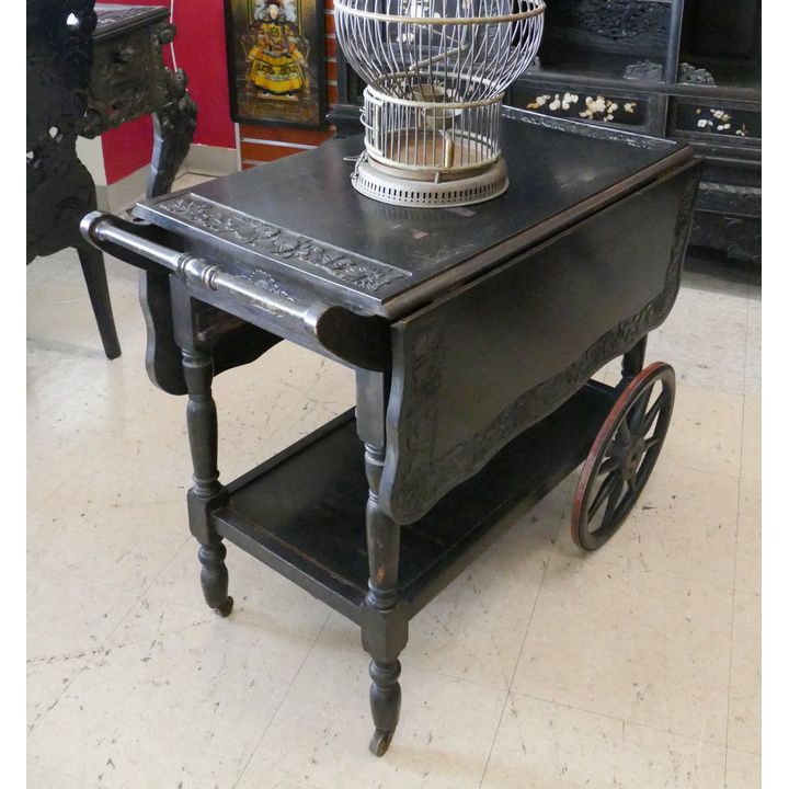 Meiji Japanese Carved Tea Cart- 27x30x20'' with top measuring 30x40'' and missing wheel hub lock