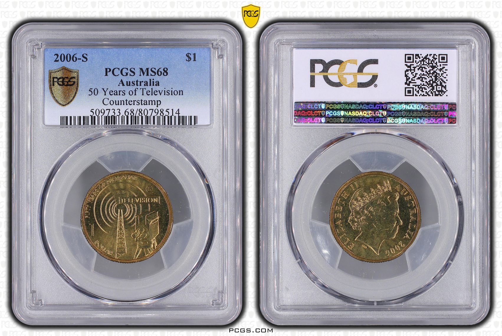 Elizabeth II, 50 Years of Television Counterstamp, One Dollar, 2006-S, PCGS MS68