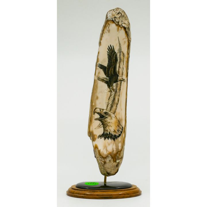 Fine Scrimshawed Eagle Tusk Vertical Fragment on Stand 10'' - Unsigned
