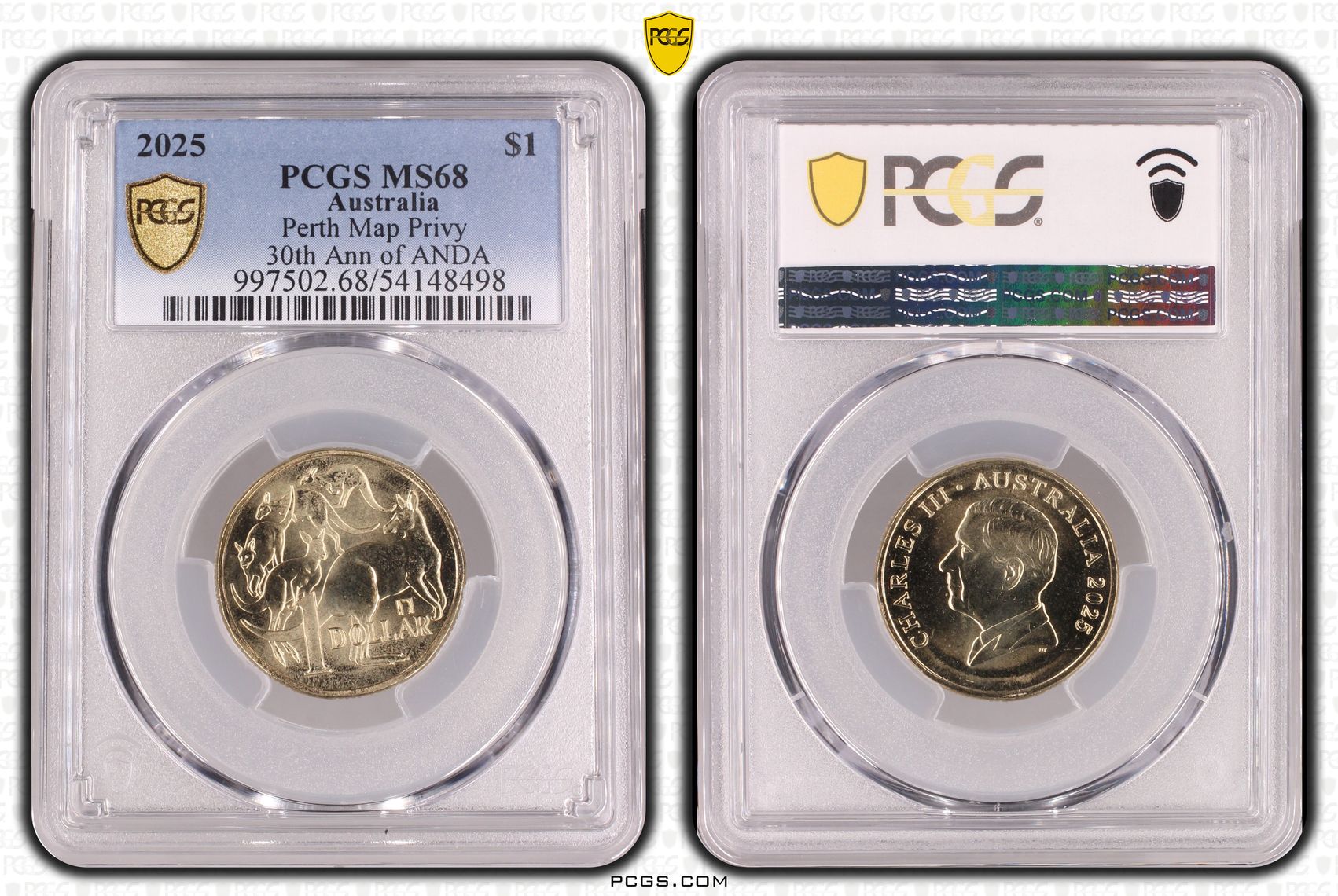Perth Map Privy 30th Ann of ANDA, POP 5/0, One Dollar, 2025, PCGS MS68