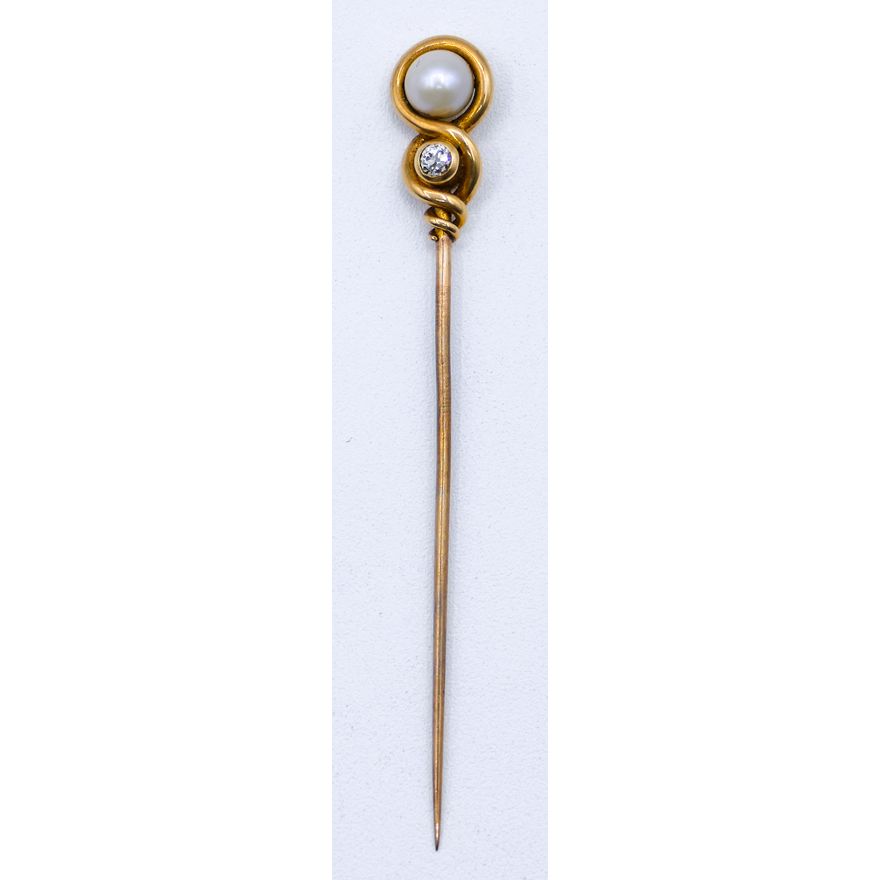 Antique 14k Diamond and Pearl Stick Pin 3'' - 3 Grams