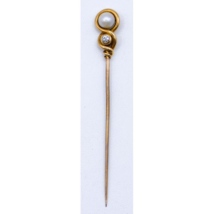 Antique 14k Diamond and Pearl Stick Pin 3'' - 3 Grams