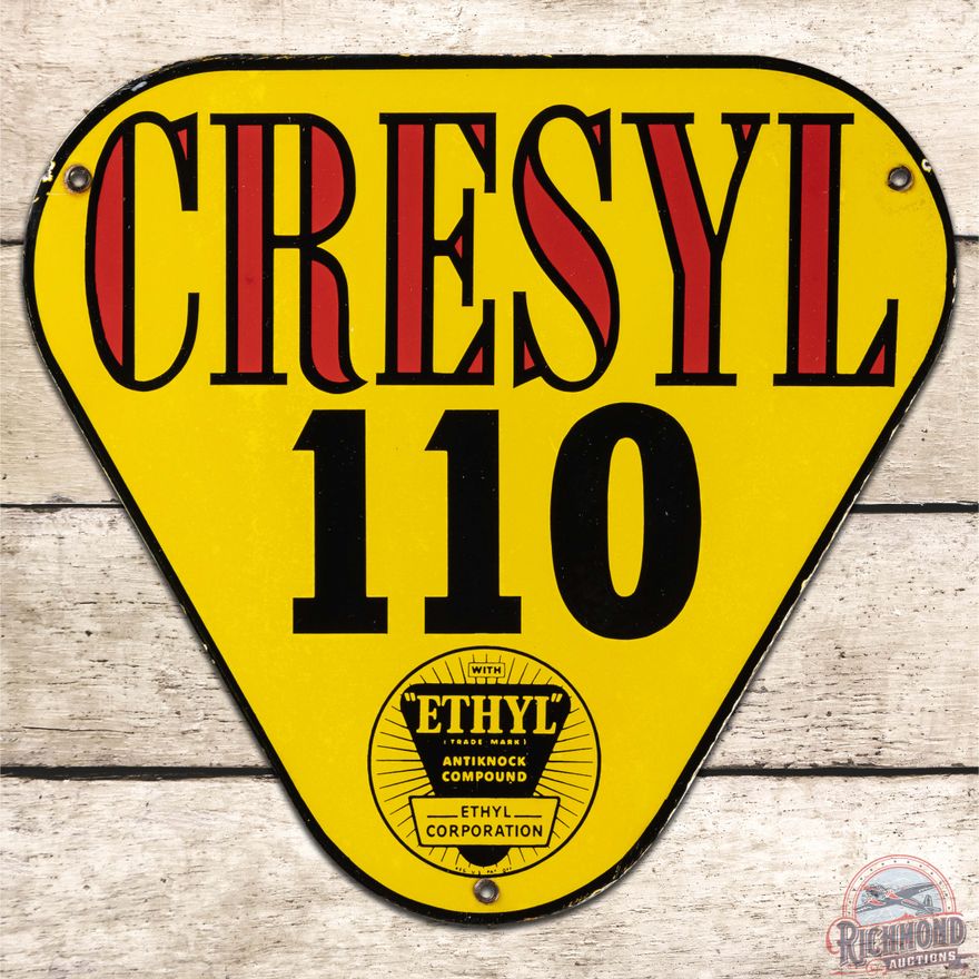 Cresyl 110 Ethyl SS Porcelain Gas Pump Plate Sign w/ Logo