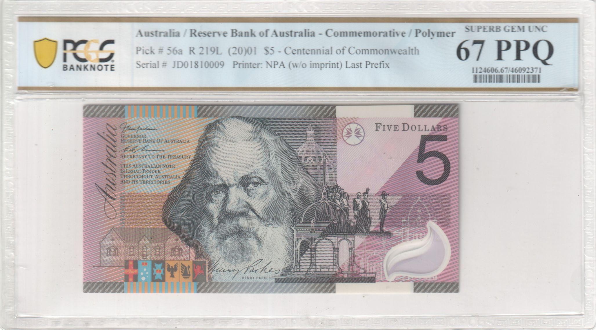 131 · RBA, NPA (w/o imprint), Centennial of Commonwealth, Last Prefix, Five Dollar, 2001, PCGS - Superb Gem UNC 67 PPQ