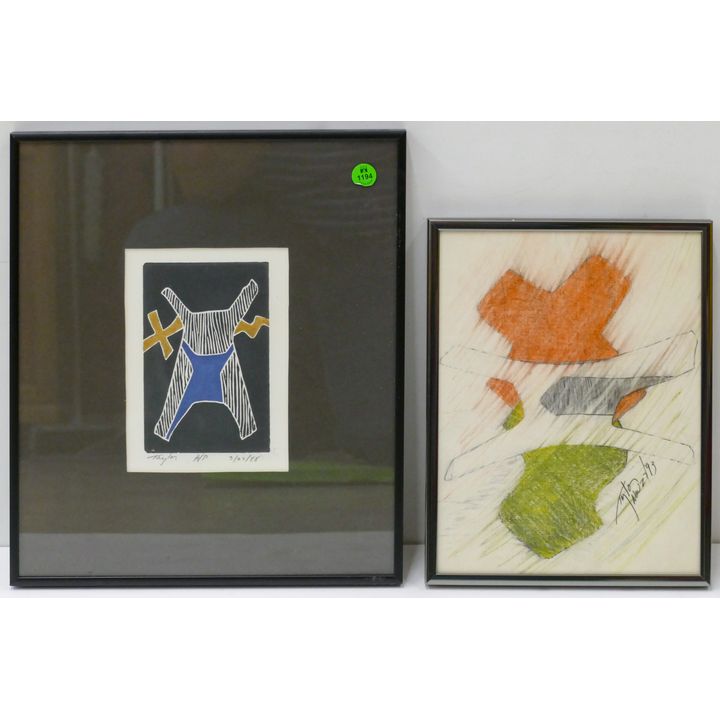 2pc Norm Taylor (b.1940 WA) Abstract Drawing and Woodcut Framed 14''x12'' Largest