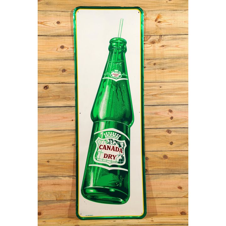 Canada Dry w/ Bottle & Straw Single Sided Tin Embossed Metal Vertical Sign TAC 8.75