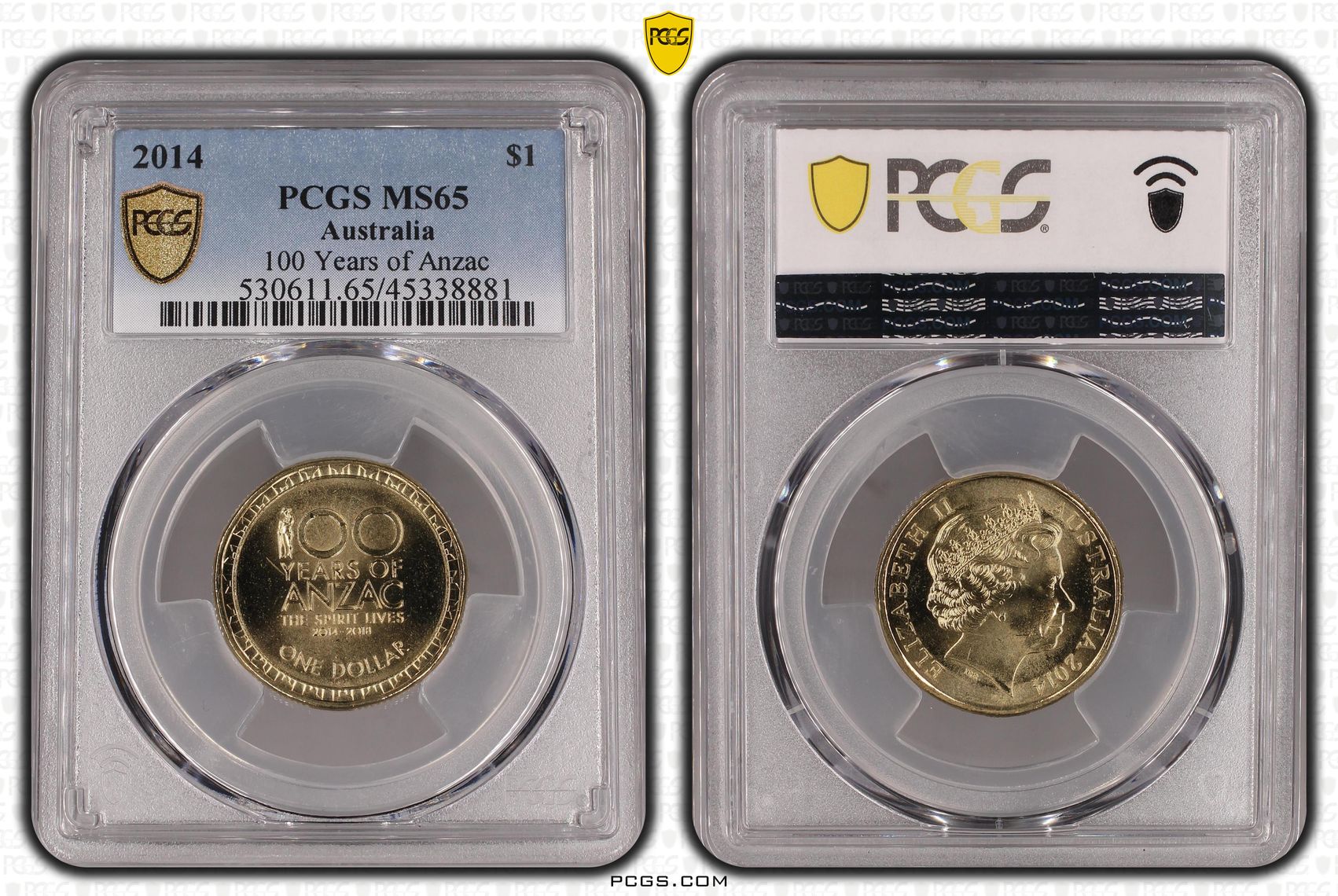 100 Years of Anzac, One Dollar, 2014, PCGS MS 65