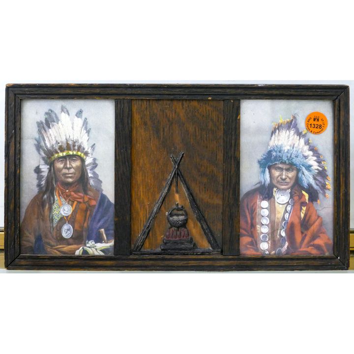 Antique Indian Lithograph Diptych in Oak Frame 6''x11.5''