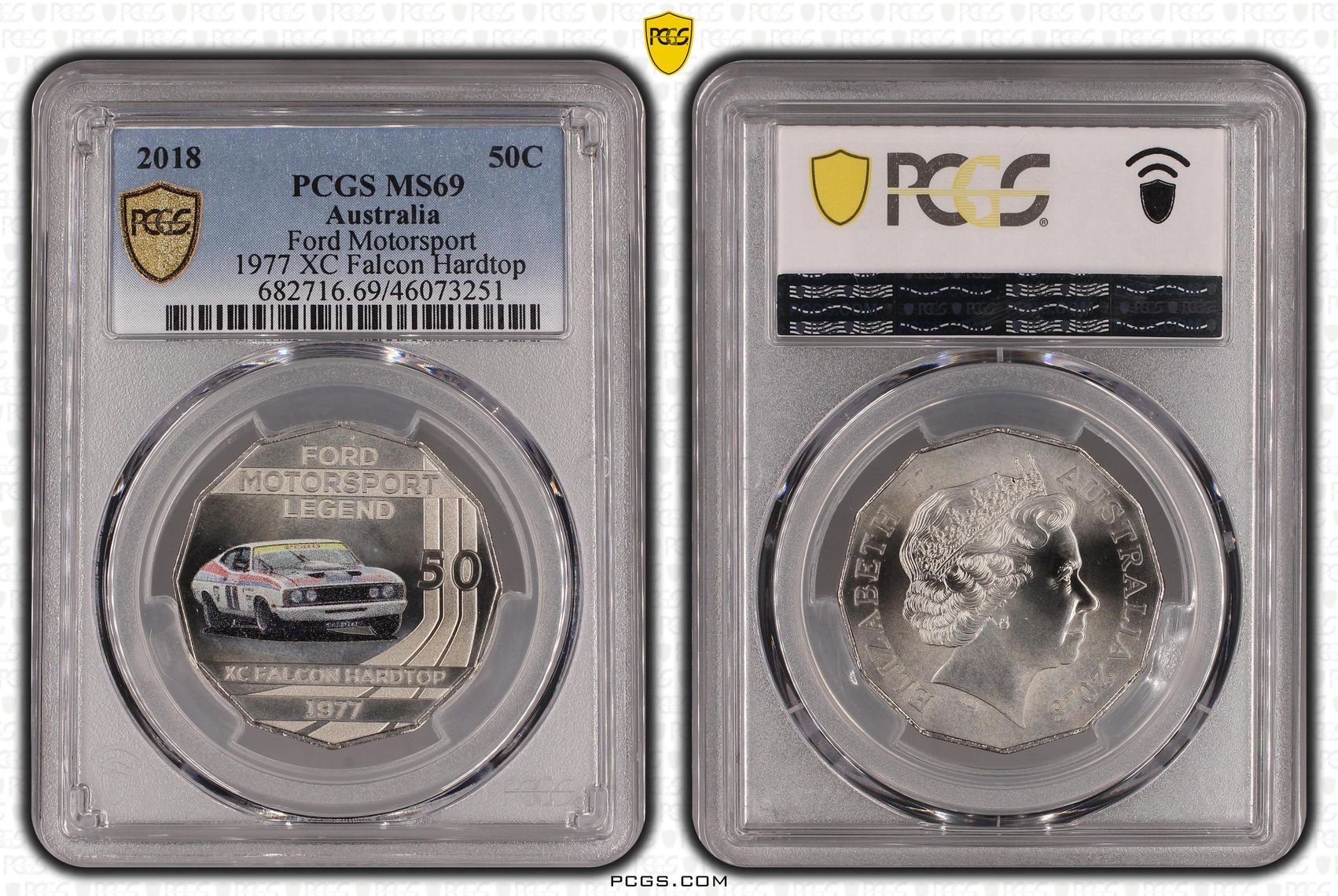 2018 Australia Fifty Cent, 50c Ford Motorsport - 1977 XC Falcon Hardtop PCGS - MS69 -251