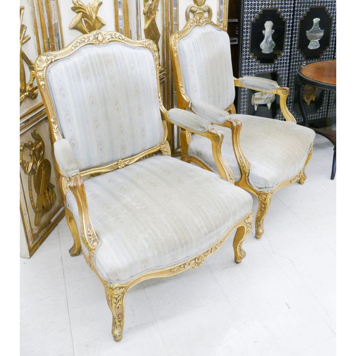 Pair French Gilt Carved Silk Covered Armchairs- 39x24x28''