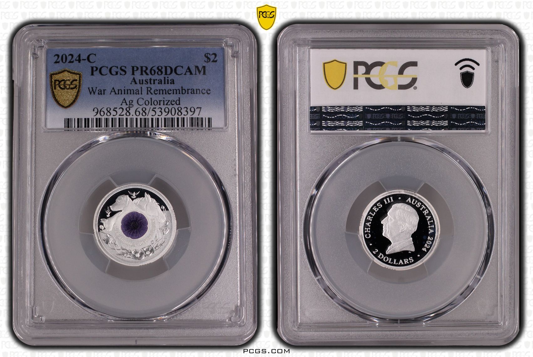 War Animal Remembrance Silver Colourised, Two Dollars, 2024-C, PCGS PR68DCAM