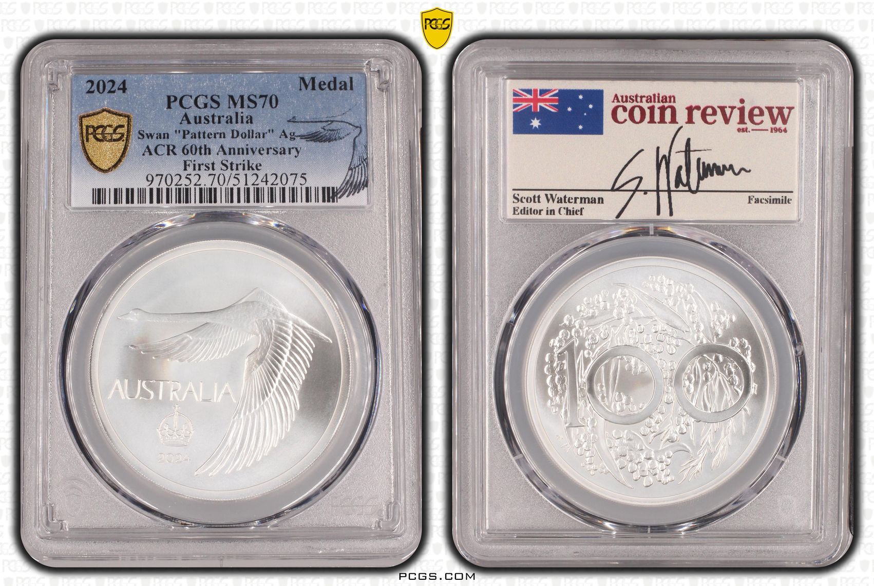 Swan "Pattern Dollar" Ag ACR 60th Anniversary First Strike, Medal, 2024, PCGS MS70
