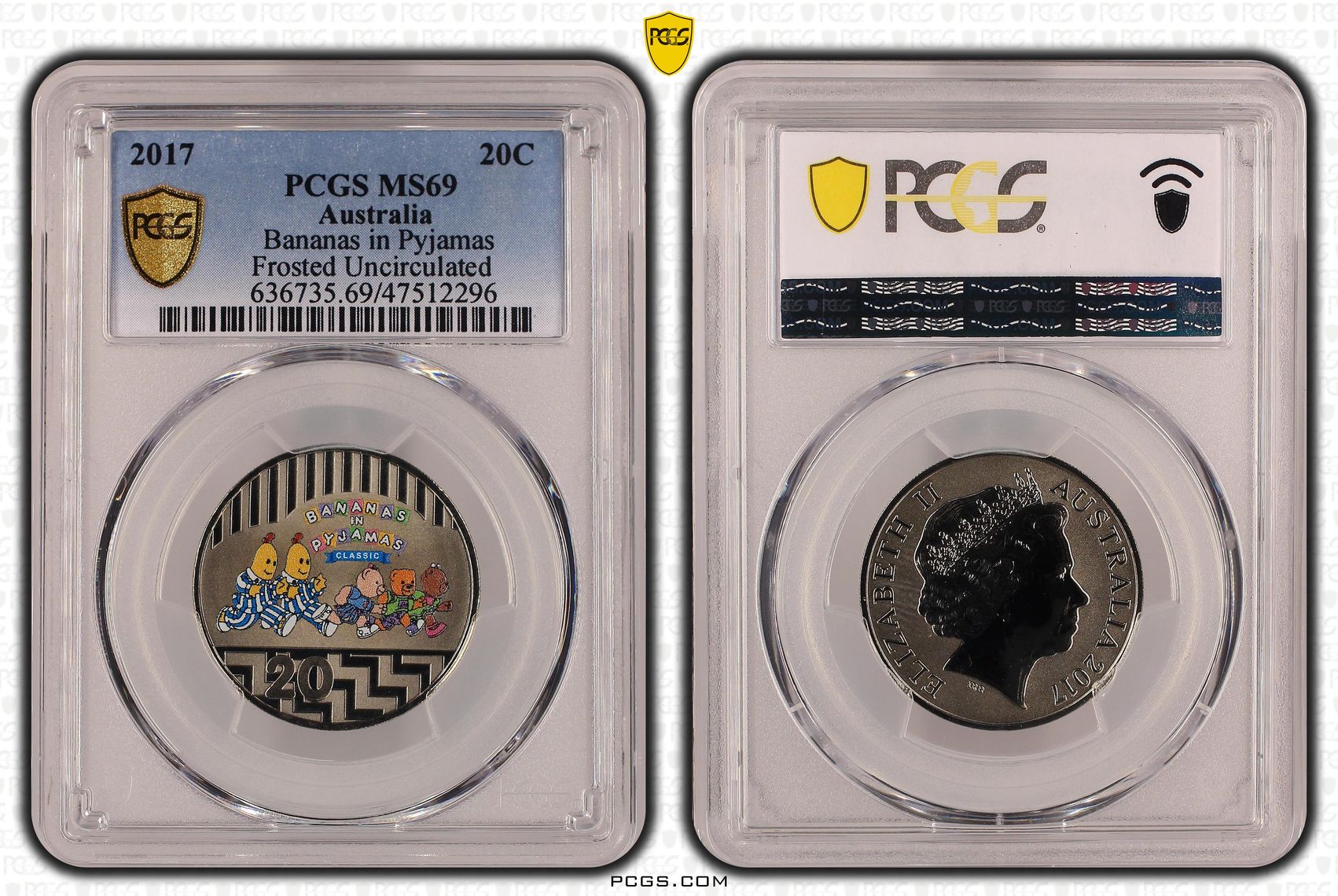 Bananas in Pyjamas Frosted Uncirculated, Twenty Cent, 2017, PCGS MS 69