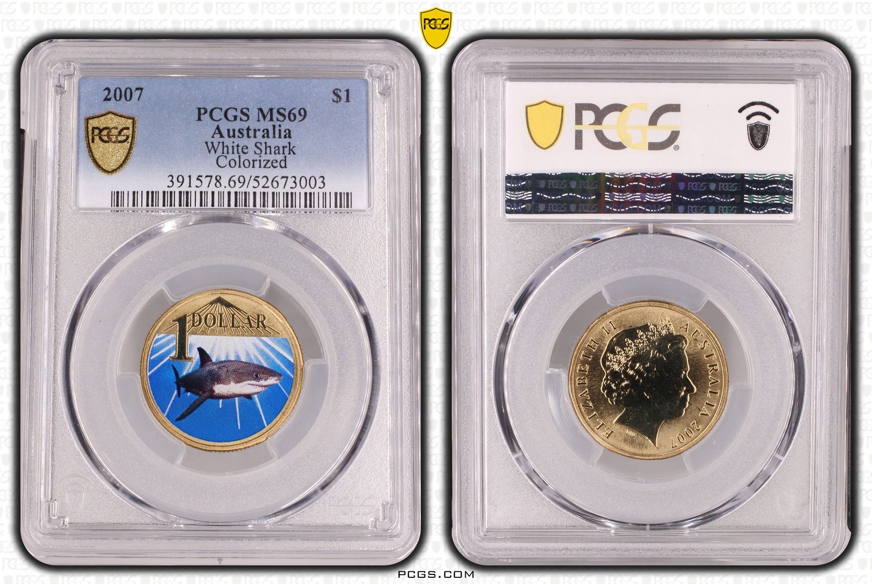 White Shark Colorized, POP 7/0, One Dollar, 2007, PCGS MS69