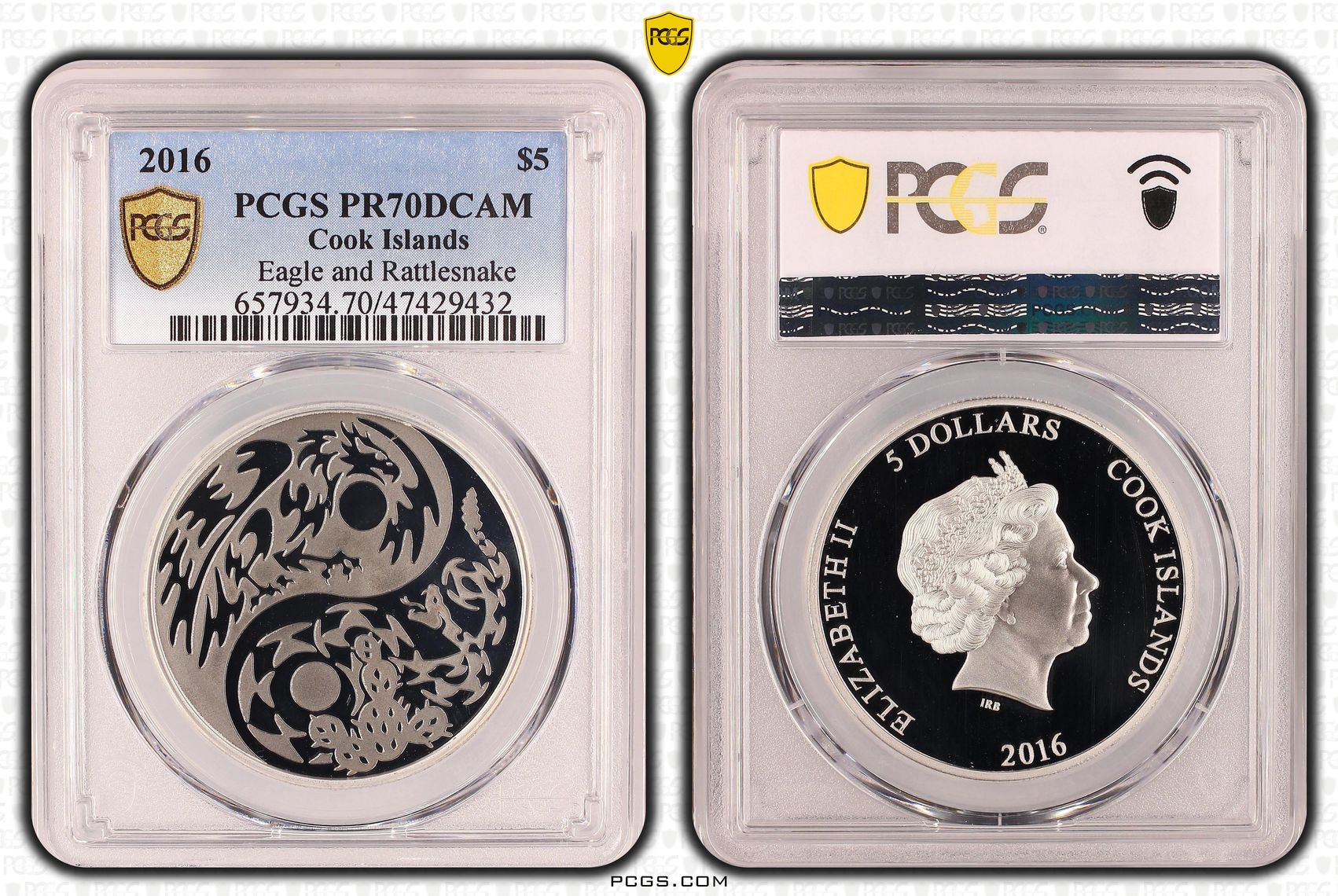 Cook Islands, Eagle and Rattlesnake, POP 2/0, Five Dollar, 2016, PCGS PR70DCAM